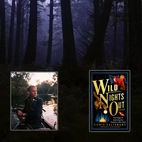 Background: Deep in the woods at night with moonlight filtering through. Foreground, left: a picture of Chris Salisbury in a boat with water and woods around him. Foreground on the right: the cover of Chris's book Wild Nights Out.