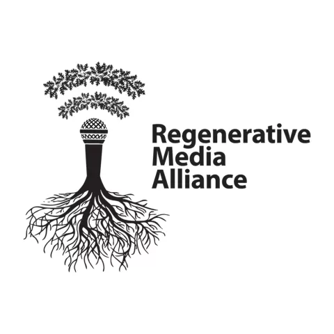 The logo for Regenerative Media Alliance. The left side of the image contains a microphone as the trunk of a tree with the branches and leaves depicted as radio waves emitted from the top with roots extending from the microphone bottom. The text "Regenerative Media Alliance" is on the right half of the picture.