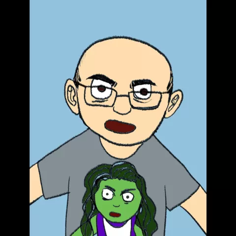 An illustration of Alasdair Stuart wearing a She-Hulk t-shirt.